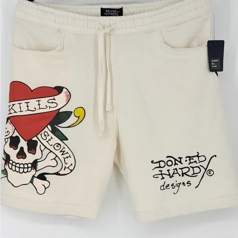 NWT Ed Hardy Love Kills Slowly Fleece Ivory Short L